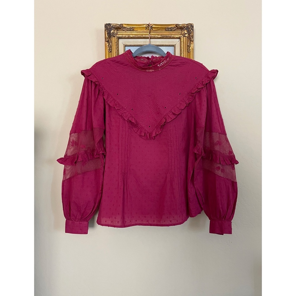ANTHROPOLOGIE NWT Forever That Girl Burgundy Quilted Ruffle Frill Eyelet Blouse